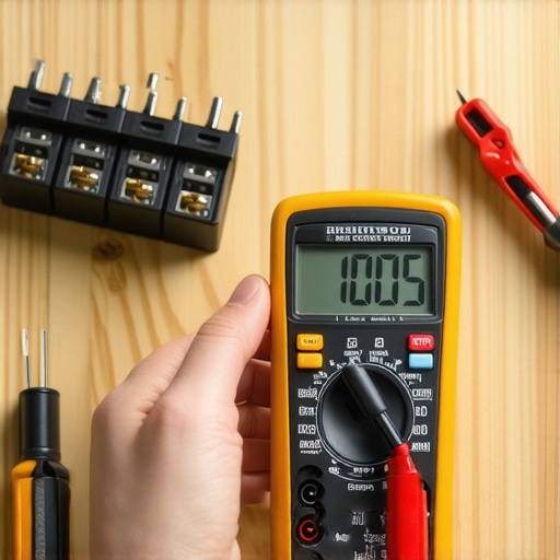 A person using a digital multimeter to check the continuity of a dishwasher thermal fuse for troubleshooting.