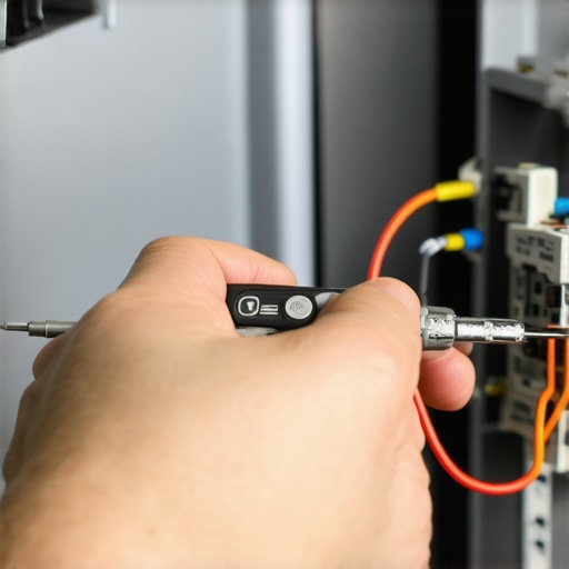 A technician tests the electrical continuity of a dishwasher heating element using a digital multimeter.