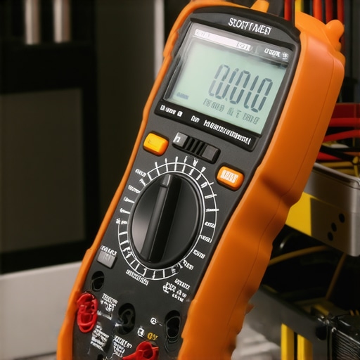 Close up of a multimeter testing the electrical continuity of a dishwasher heating element terminal