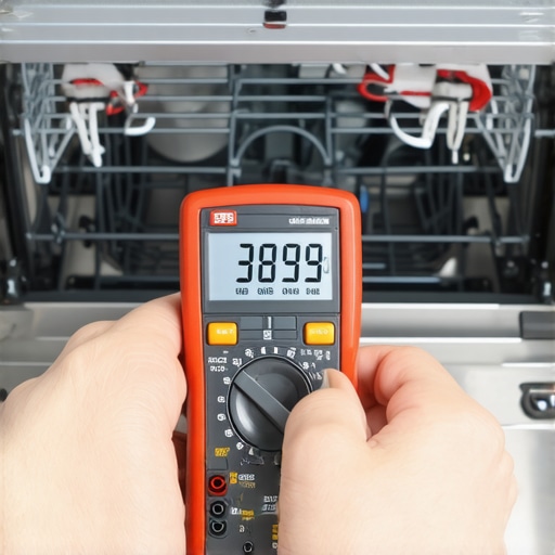 A DIYer using a multimeter to diagnose a dishwasher thermal fuse for maintenance.