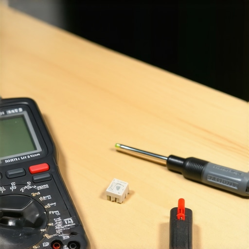 A digital multimeter testing a dishwasher thermal fuse for continuity on a workbench.