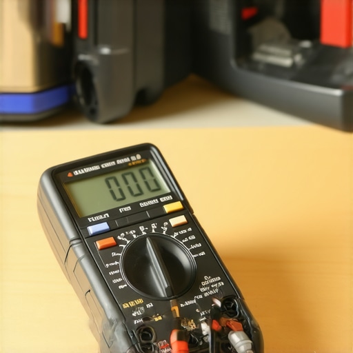 A technician using a digital multimeter to test a dishwasher thermal fuse for electrical continuity.