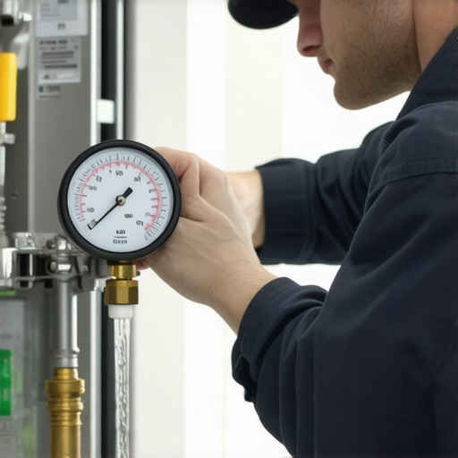 A technician using a pressure gauge on a dishwasher water line during installation.