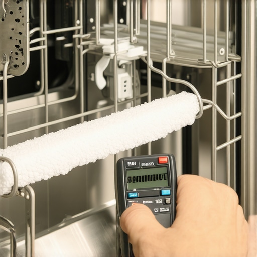 A homeowner using a digital multimeter to check the continuity of a dishwasher heating element and thermal fuse for safety.