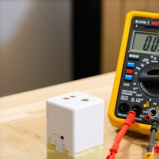 A technician using a digital multimeter to check the continuity of a dishwasher thermal fuse.