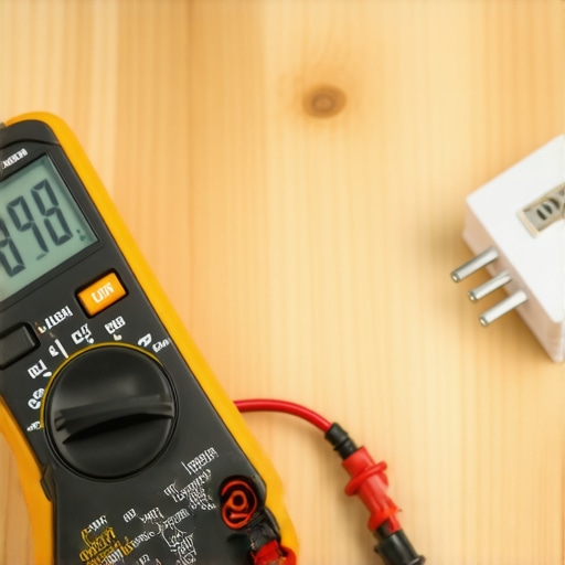 Close-up of hands using a digital multimeter to test a small white dishwasher thermal fuse for continuity.