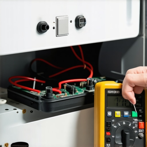 Testing a Dishwasher Thermal Fuse with a Multimeter Close-up of a digital multimeter probing a dishwasher thermal fuse for continuity and resistance diagnostics.