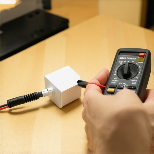 Close-up of a digital multimeter probes touching a dishwasher thermal fuse for diagnostic testing.