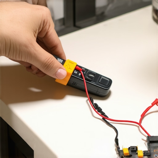 Close-up of a multimeter testing a dishwasher thermal fuse for electrical continuity.