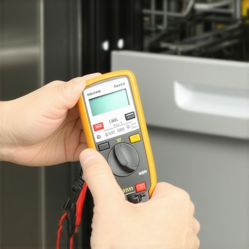 Testing a Dishwasher Thermal Fuse with a Multimeter A technician using a multimeter to check the continuity of a thermal fuse inside a dishwasher door panel.