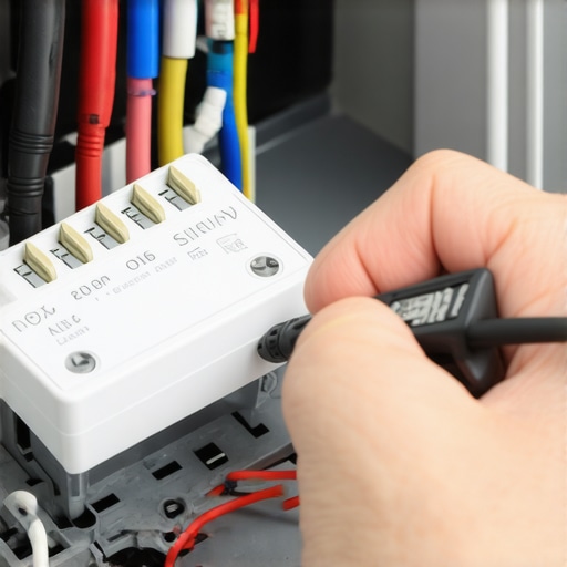 Close up of a technician using a multimeter to check continuity on a dishwasher thermal fuse.