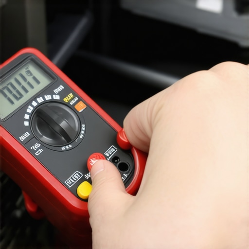Close-up of a person using a multimeter to diagnose a dishwasher part.