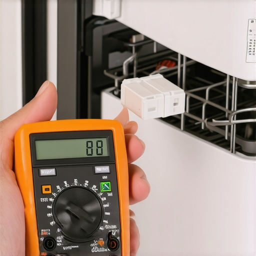 Digital multimeter testing a dishwasher thermal fuse for continuity.