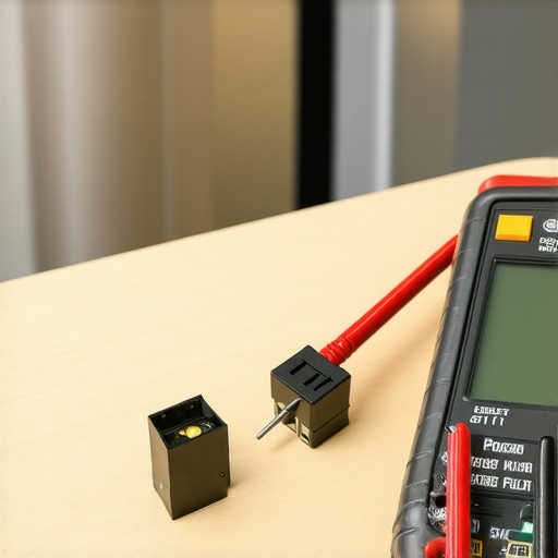 A technician using a digital multimeter to diagnose a dishwasher thermal fuse for electrical continuity.