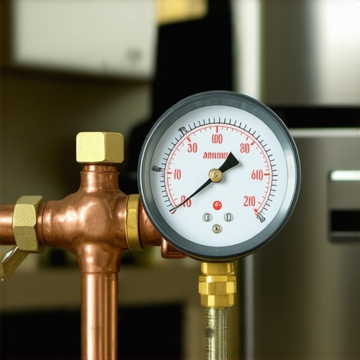 A water pressure gauge indicating high PSI during a dishwasher installation to prevent valve damage.