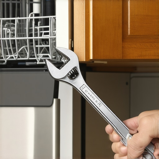 Adjustable wrench tightening a dishwasher water line connection.