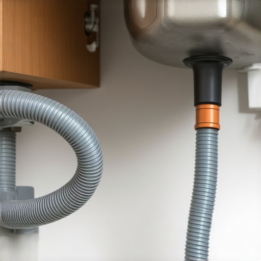 The critical high loop for dishwasher drainage A properly installed dishwasher drain hose using the high loop method under a kitchen cabinet to prevent water siphoning.