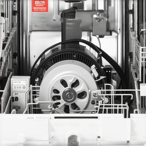 Close up of dishwasher internal parts with a warranty sticker in the background