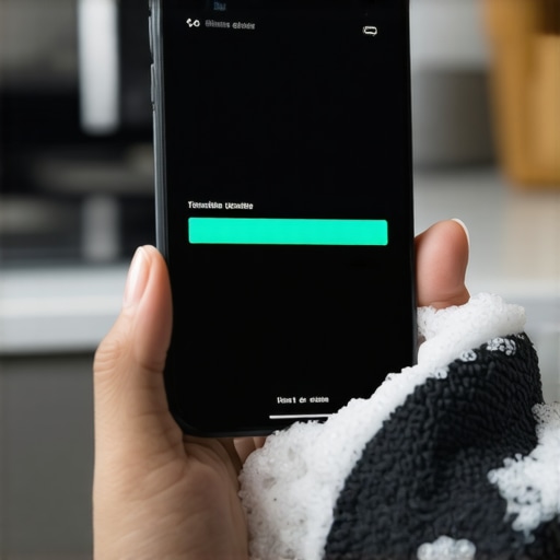 Updating Dishwasher Software via Mobile App Smartphone showing a dishwasher firmware update progress bar in a kitchen.