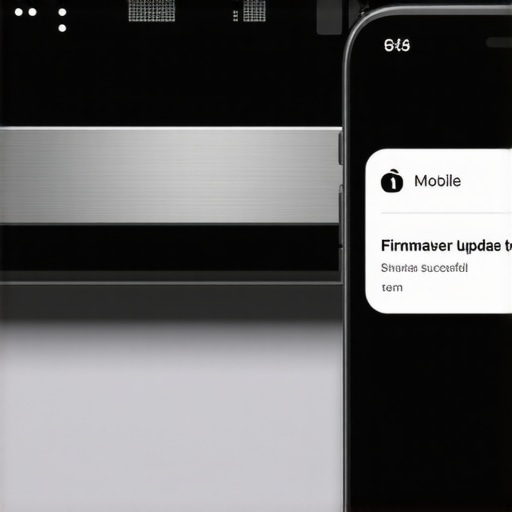 Hand holding a smartphone showing a successful dishwasher firmware update next to the appliance door