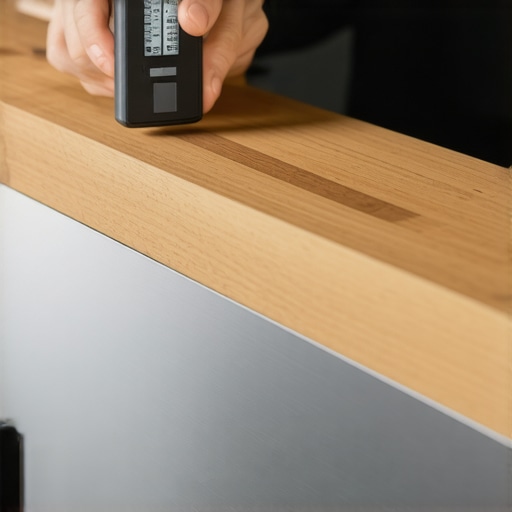 Close-up of a digital angle finder tool being used to level a custom wood dishwasher door panel for a perfect kitchen cabinet fit.