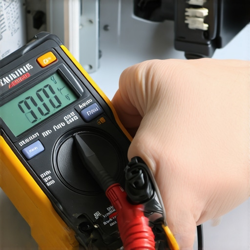 Close-up of a digital multimeter testing a dishwasher thermal fuse