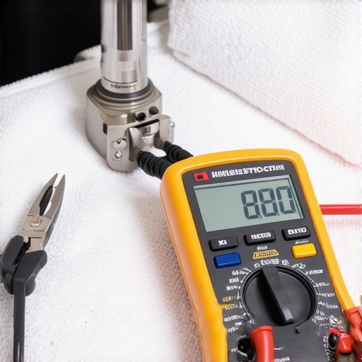 A person using a digital multimeter to test a dishwasher water inlet valve for continuity.