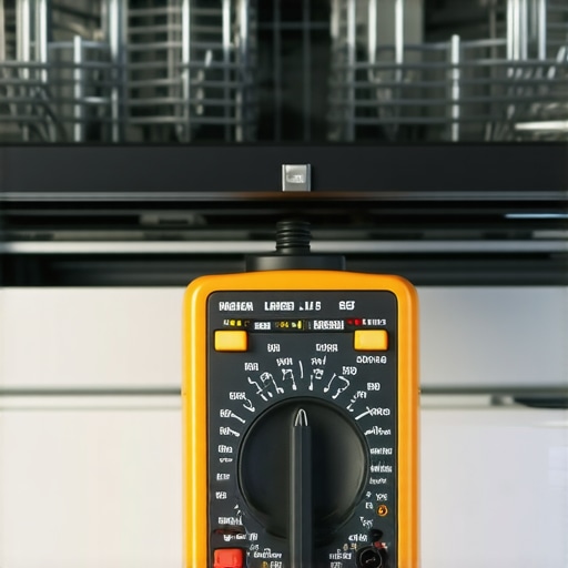 Using a Multimeter to Diagnose Dishwasher Heating Elements A digital multimeter testing a dishwasher heating element for continuity and electrical safety.