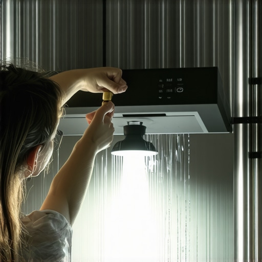 Hand holding an inspection mirror under a dishwasher to spot hidden leaks.