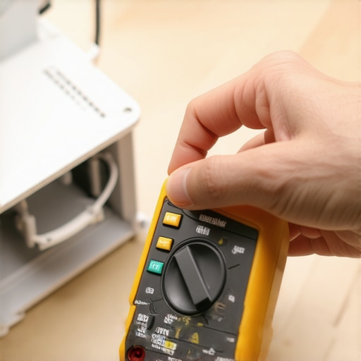 A digital multimeter testing a dishwasher part for continuity.