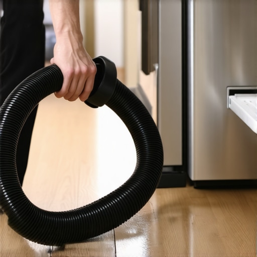 Using a shop vac to clear a dishwasher drain clog. Close up of a shop vac being used to suction out a dishwasher drain hose under a kitchen sink.