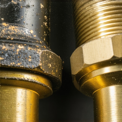 Worn vs New Dishwasher Brass Fittings Close up comparison of a used corroded dishwasher brass fitting and a new replacement part to prevent leaks.